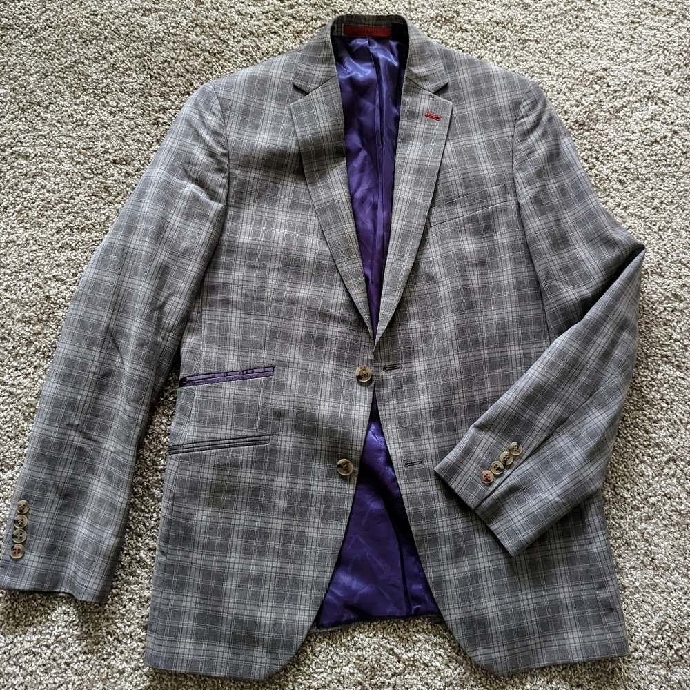 Ted Baker Grey Plaid Sport Coat Blazer 38R Wool Jacket